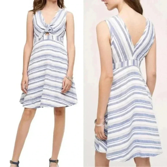 NWT Maeve Bon Vivant Blue & White Striped Linen Midi Dress Size 14 - Picture 2 of 13